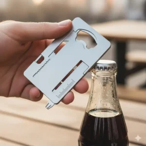 Close-up illustration of a multi tool wallet card being used to open a glass soda bottle.