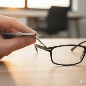The corner of a multi tool wallet card acting as a flathead screwdriver to tighten a small screw.