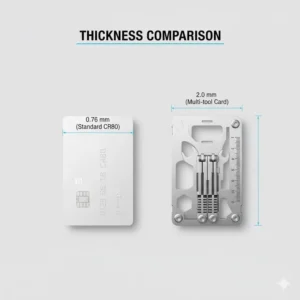 Diagram comparing the thickness of a multi tool wallet card to a standard plastic credit card.