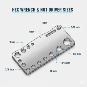 Illustration highlighting the various metric hex wrench cutouts available on a multi tool wallet card.