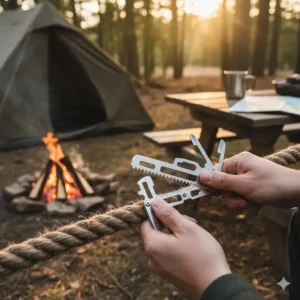 A multi tool wallet card being used outdoors for survival tasks like cutting cordage or measuring wood.
