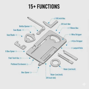 An informative diagram with labels pointing to 15+ functions of a stainless steel multi tool wallet card.