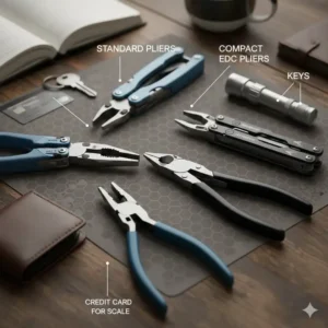 A size comparison chart showing how the best edc pliers compare to everyday items like a credit card.