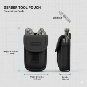 A technical diagram showing the height, width, and depth specifications of the standard gerber tool pouch.