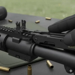 Close-up of the gerber ar15 multi tool being used to adjust a rifle front sight post.