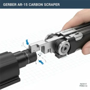 Close-up illustration of the gerber ar tool carbon scraper cleaning a bolt carrier group.