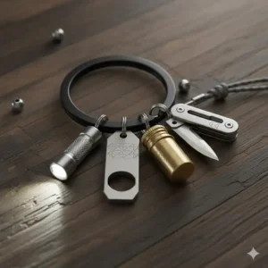A compact keychain organizer featuring several essential mini edc tools for daily carry.
