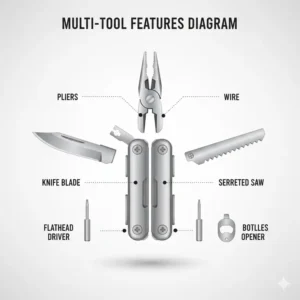 A detailed diagram showing the multiple functions and components of modern edc pocket tools.