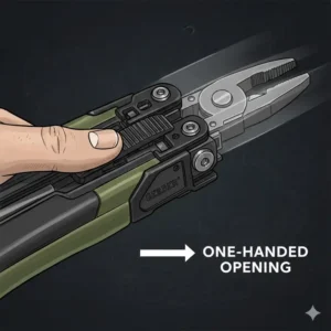 Close-up illustration of the sliding one-handed opening mechanism on a gerber military multi tool.