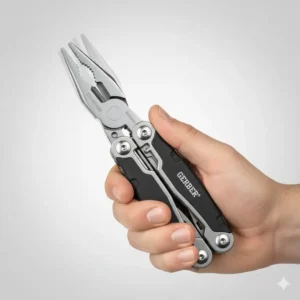 Close-up showing how to operate the sliding mechanism of a gerber one handed multi tool.