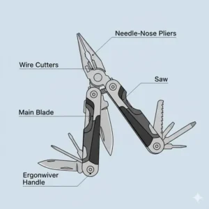 A labeled diagram of edc pliers highlighting the needle-nose tip, wire cutters, and ergonomic handles.