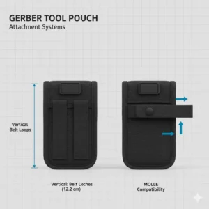 Illustration showing the rear view of the gerber tool pouch with its vertical belt loops and MOLLE compatibility.