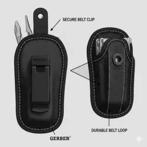 Diagram showing the secure belt clip and loop options on the back of a gerber tool holster for EDC.