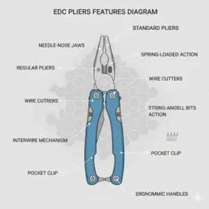 An anatomical diagram highlighting the key features and build quality of the best edc pliers.
