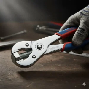 A chrome-plated Knipex pliers wrench tightening a bolt without surface damage, among the best knipex tools for professionals.