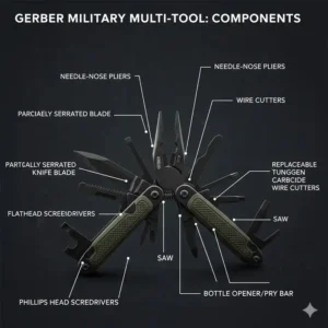Labeled diagram showing the pliers, wire cutters, and serrated blade of a gerber military multi tool.