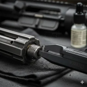 Detailed illustration of the gerber ar15 multi tool carbon scraper cleaning a bolt carrier group.