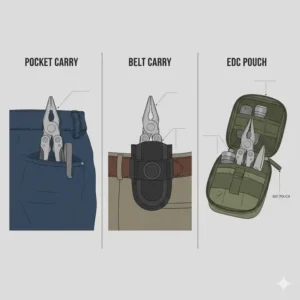 Illustration demonstrating different ways to carry the best edc pliers using pocket clips and pouches.
