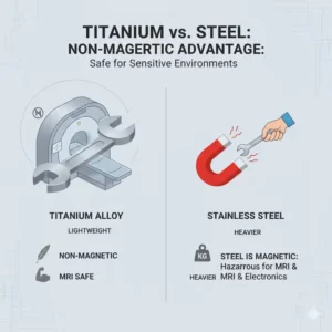 Graphic demonstrating why titanium tools are corrosion resistant in marine applications.