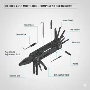 A technical breakdown diagram showing all the specialized parts of the gerber ar15 multi tool.