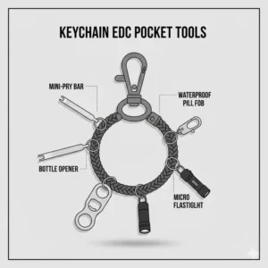 A visual guide on how to organize small edc pocket tools on a heavy-duty tactical keychain.