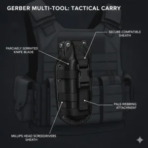 Illustration of a gerber military multi tool stored in a heavy-duty MOLLE compatible nylon sheath.