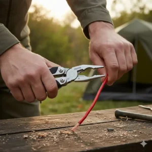Using the precision needle-nose pliers of the gerber one handed multi tool on a wire.