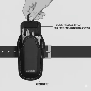Illustration of the easy-open velcro strap on a gerber tool holster for fast one-handed access.
