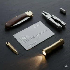 A size comparison of various mini edc tools placed next to a credit card for scale.