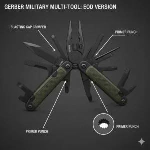 Specialized gerber military multi tool for EOD technicians featuring a blasting cap crimper and punch.