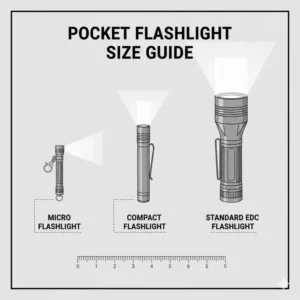 Size comparison chart of compact LED flashlights categorized as essential edc pocket tools.