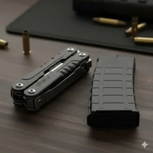 The gerber ar15 multi tool placed next to a rifle magazine for an accurate size comparison.