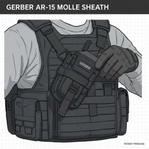 Detailed illustration of the gerber ar tool stored securely in its tactical MOLLE-compatible nylon sheath.