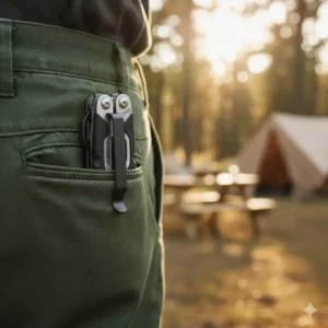 The compact profile and heavy-duty pocket clip of the gerber one handed multi tool.