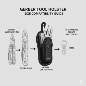 A side-by-side comparison illustration showing different multitool models fitting into a universal gerber tool holster.
