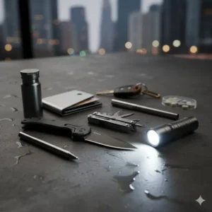 An urban survival kit layout consisting of lightweight and portable mini edc tools.