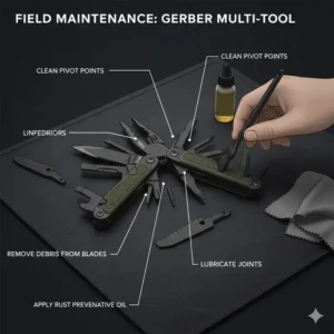 Instructional illustration showing how to clean and lubricate a gerber military multi tool for field use.
