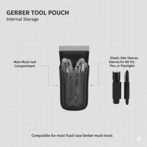 Illustration of the internal compartments and side elastic sleeves of the gerber tool pouch for accessory storage.