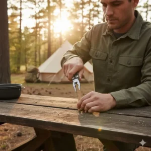 A person using a gerber one handed multi tool for gear repairs at a campsite.