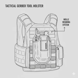 Illustration of a gerber tool holster mounted on a MOLLE-compatible tactical vest for outdoor survival.