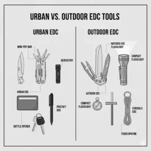 Side-by-side illustration of urban versus survival styles of edc pocket tools for daily use.