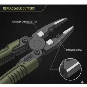 Close-up of the replaceable tungsten carbide wire cutters on a gerber military multi tool.