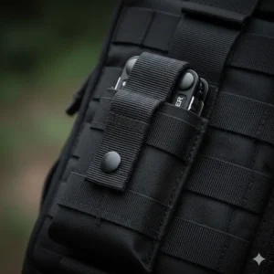 The gerber ar15 multi tool securely stored in its tactical black MOLLE-compatible sheath.