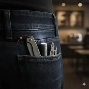A discreet view of mini edc tools fitting perfectly inside a small pocket.