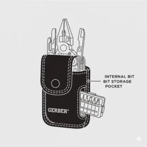 Cutaway illustration showing the interior pocket of a gerber tool holster used for storing extra tool bits.