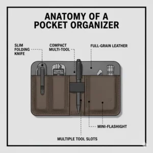 An anatomy drawing of a pocket organizer designed to carry and protect various edc pocket tools.