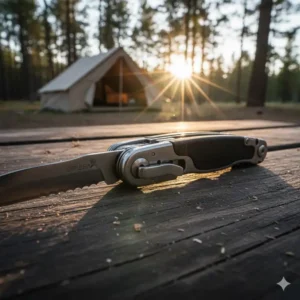 Detailed view of the secure safety locking system on the gerber one handed multi tool.
