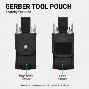 A comparison graphic showing the snap-button and velcro closure options for the gerber tool pouch.
