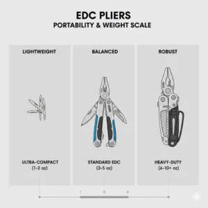A weight scale graphic comparing the portability and heaviness of the best edc pliers options.