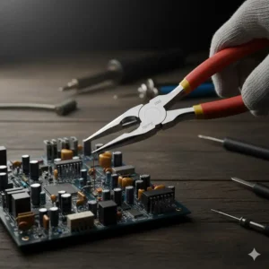 Knipex snipe nose side cutting pliers reaching into a tight electronic assembly, a top choice for the best knipex tools.